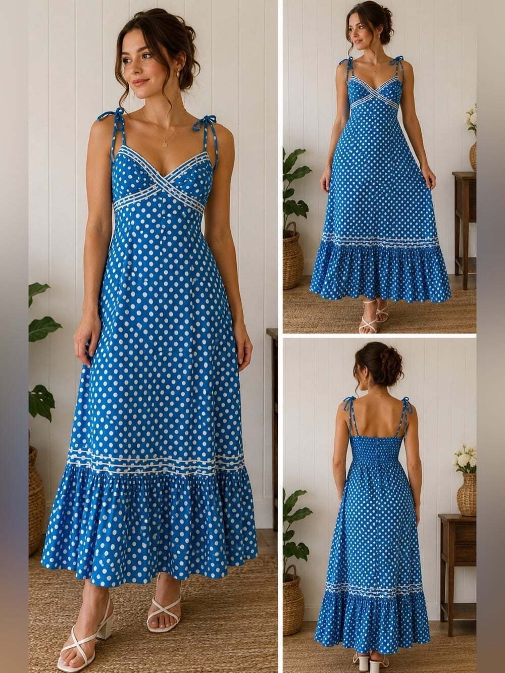 Vintage Blue Polka Dot Maxi Dress | Cottagecore Retro Pinup Coastal Wedding